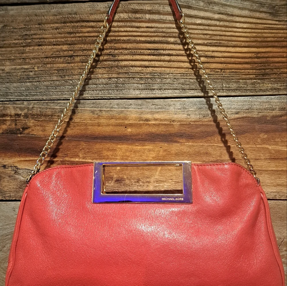 Michael Kors Red Leather & Gold Clutch Bag *Pre-Owned, light use* - Picture 2 of 11